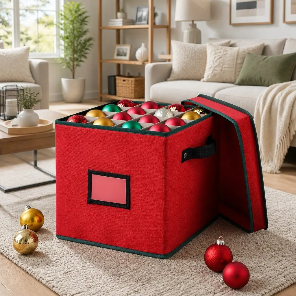 Christmas Baubles Storage Box 64 Dividers Xmas Ornaments Container Red Organizer