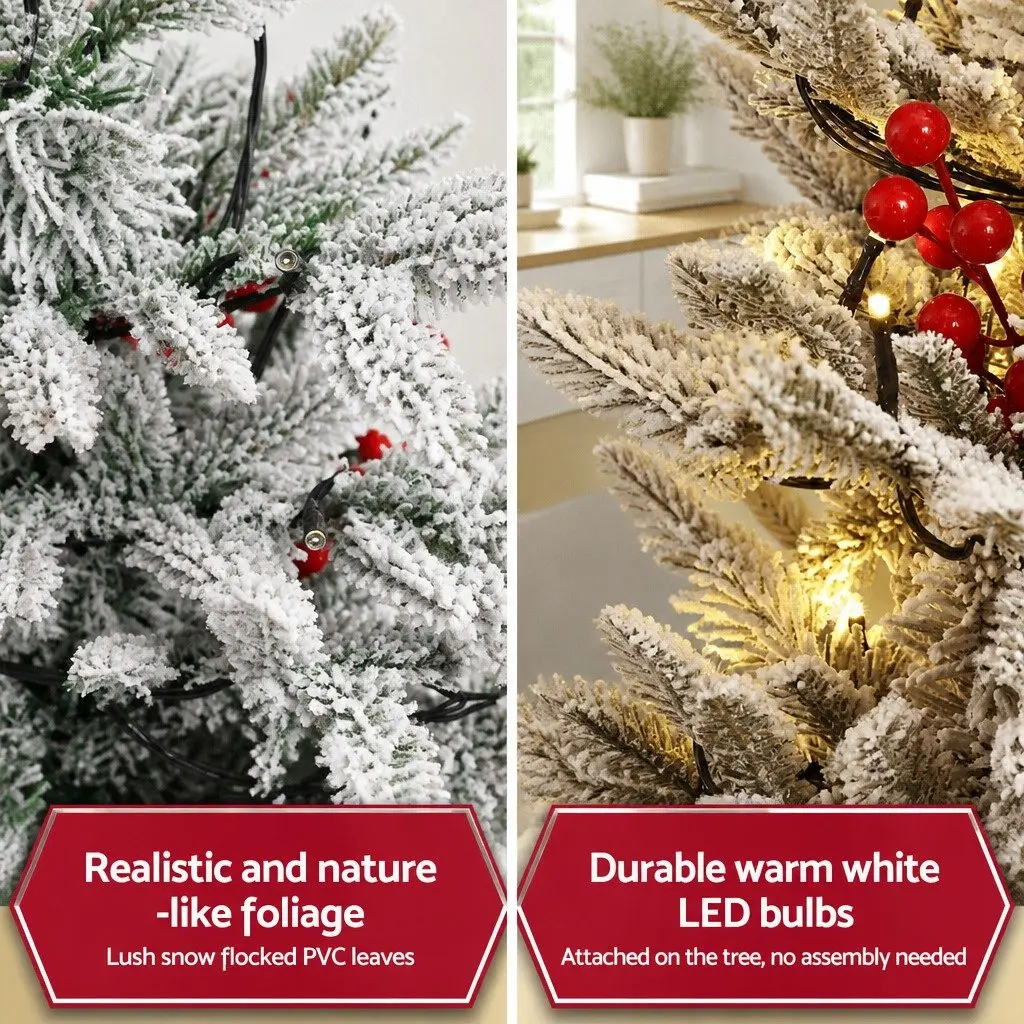 Christmas Tree Potted 100cm Warm White LED Lights Flocked Leaves Red Berries