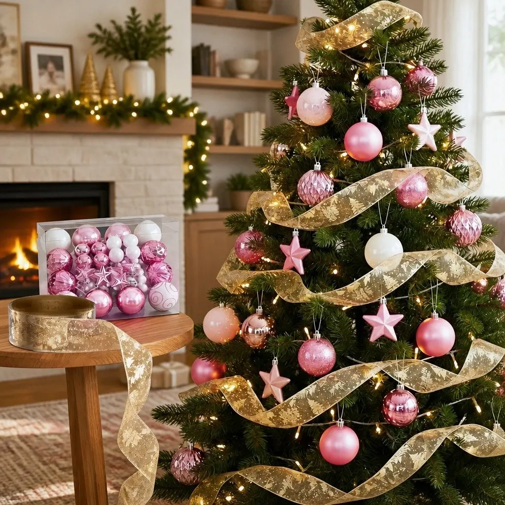 Christmas Tree Decoration Set 34 Piece Shatterproof Ornaments Decorative Ribbon Gold Pink White