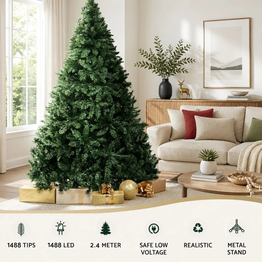 Christmas Tree Pre-lit 2.4m Green Fir Tree with 1488 LEDs Home Decor