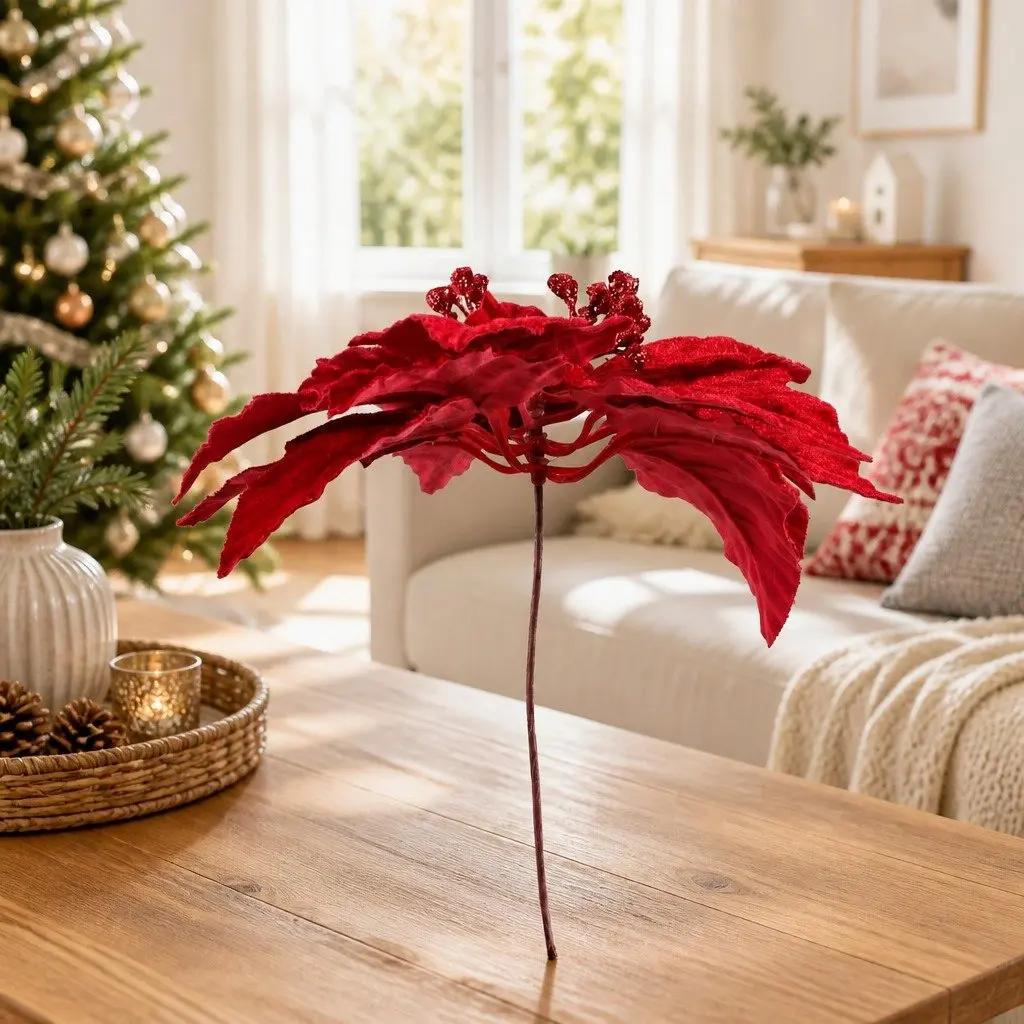 14 Pcs Red Poinsettia Flowers Christmas Tree Garland Wreath Ornaments Decoration