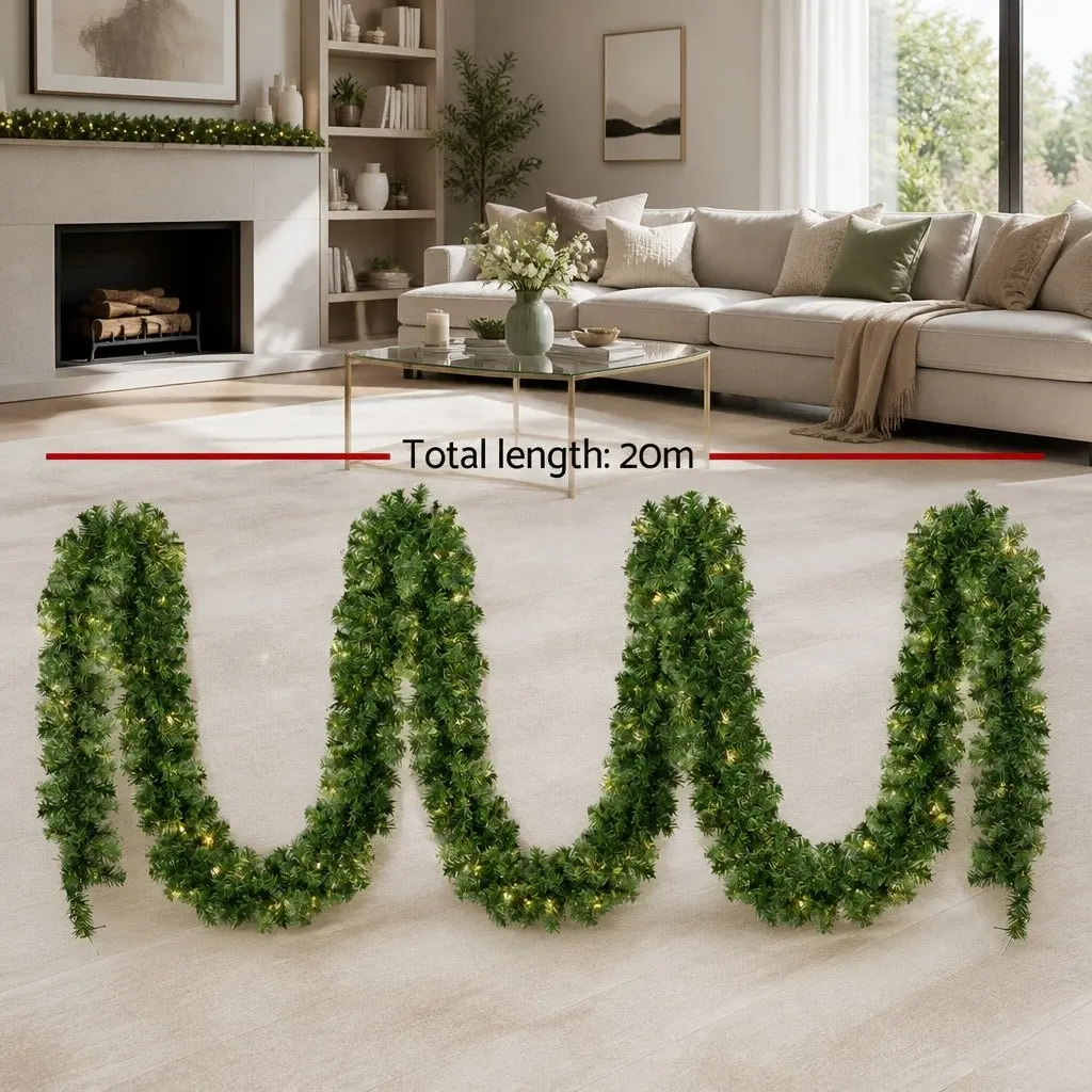 20M Christmas Garland with 300 Warm LED Lights 1400 Tips Green Prelit Decoration