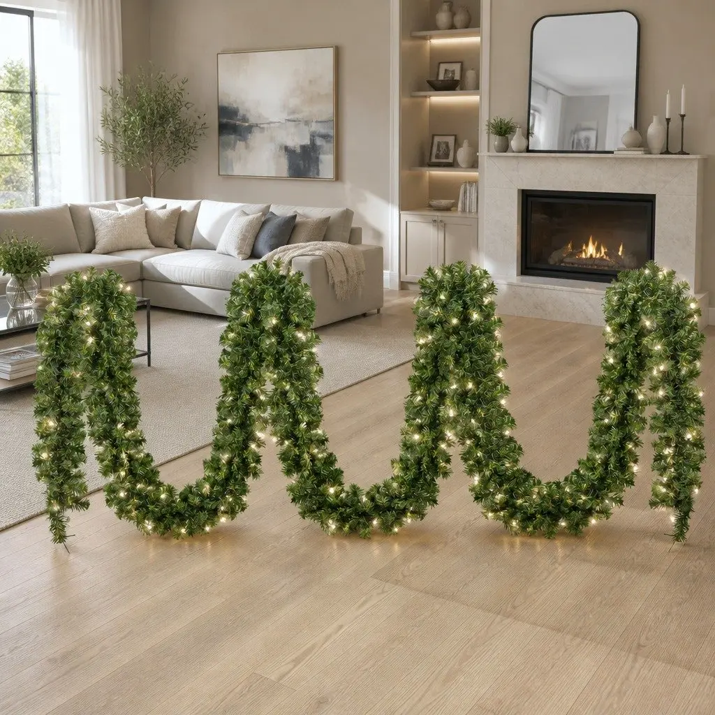20M Christmas Garland with 300 Warm LED Lights 1400 Tips Green Prelit Decoration