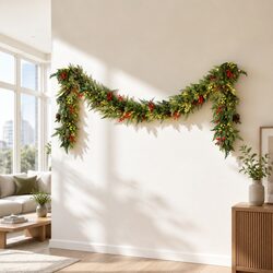 3M Pre-lit Christmas Garland Warm LED Lights Pine Cones Berries Indoor Outdoor