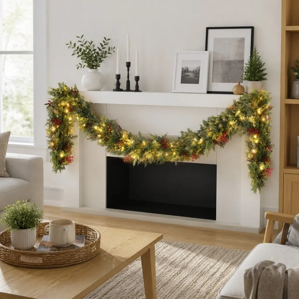 Christmas Garland Pre-lit Warm White LED Lights 3 Metres Green Pine Cones Berries Indoor Outdoor