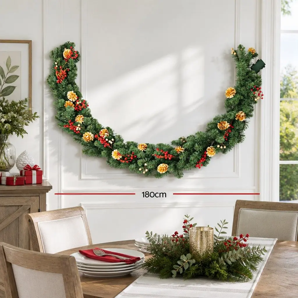 1.8M Pre-lit LED Christmas Garland with Pine Cones Berries Warm White Lights