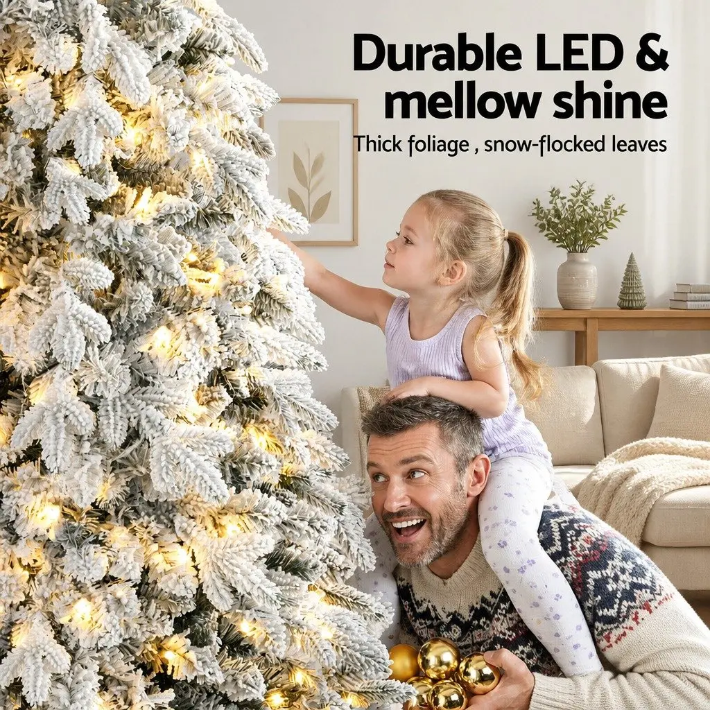 Christmas Pencil Tree 2.1m Flocked 860 Tips 350 LED Lights Slim Design Xmas