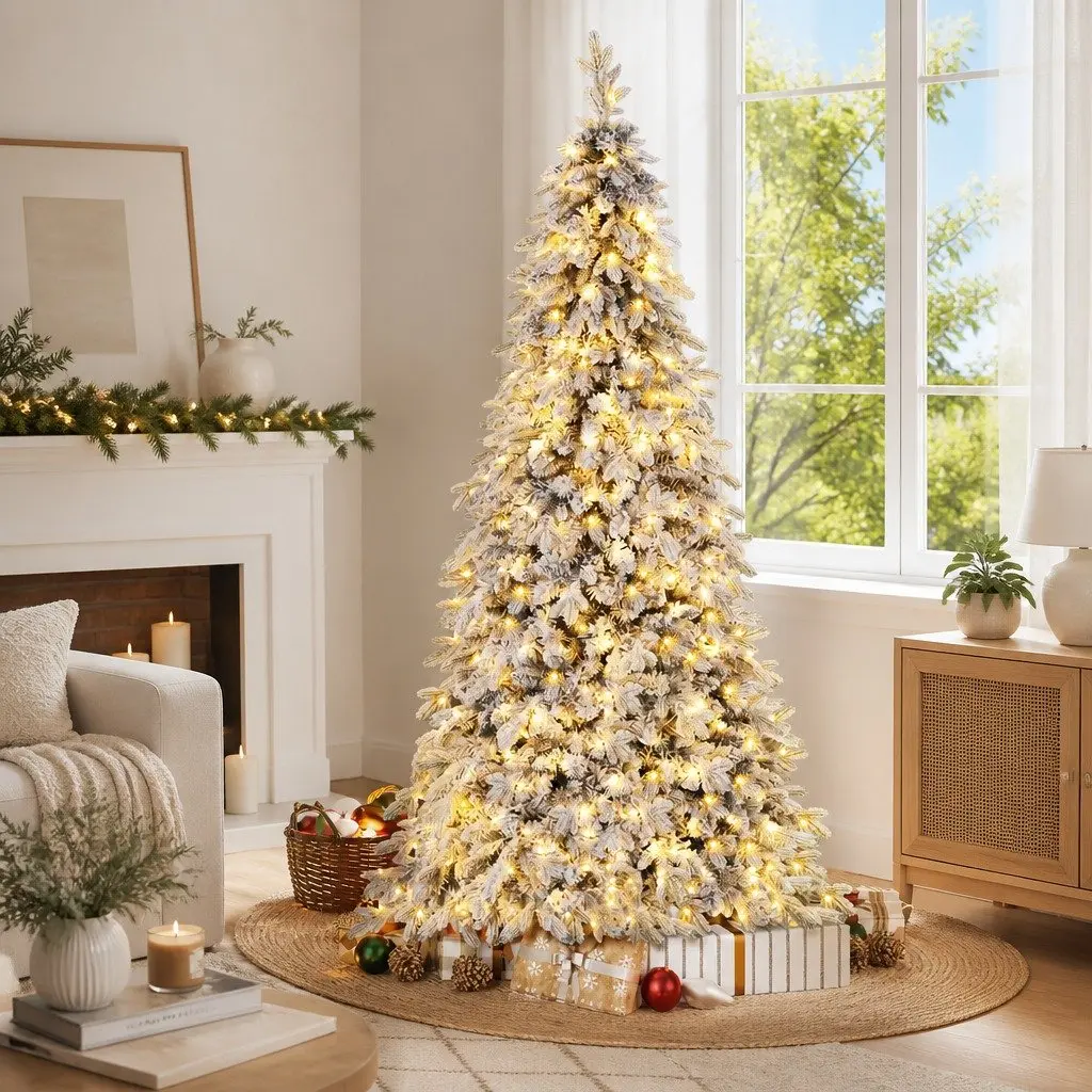 Christmas Pencil Tree 2.1m Flocked 860 Tips 350 LED Lights Slim Design Xmas
