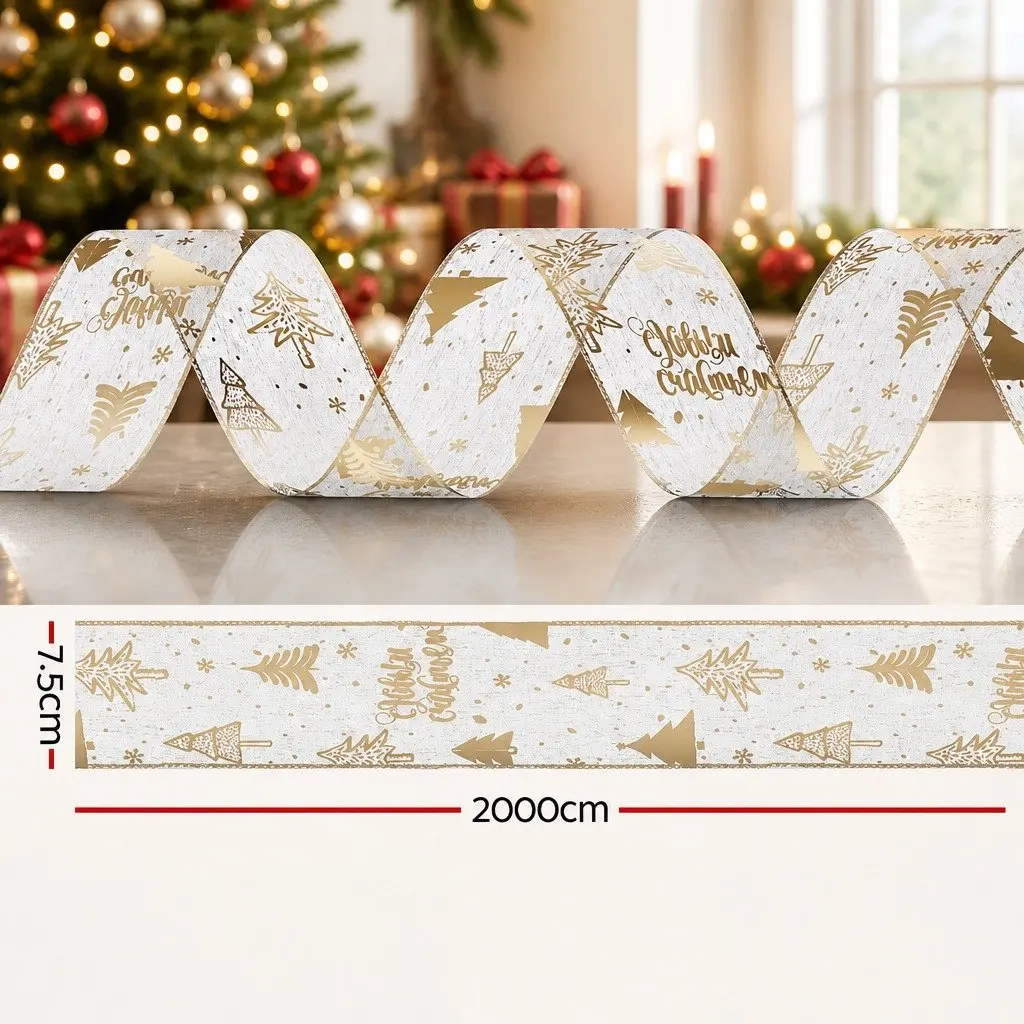 Christmas Tree Ribbon 20M Gold Decorative Roll Nylon Xmas Tree Pattern for Holiday Decor Garland