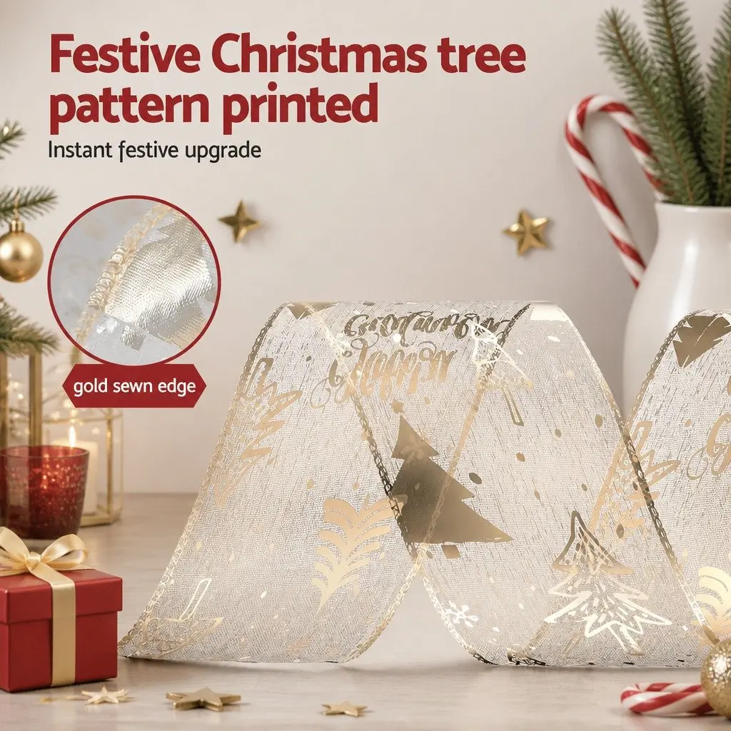 Christmas Tree Ribbon 20M Gold Decorative Roll Nylon Xmas Tree Pattern for Holiday Decor Garland