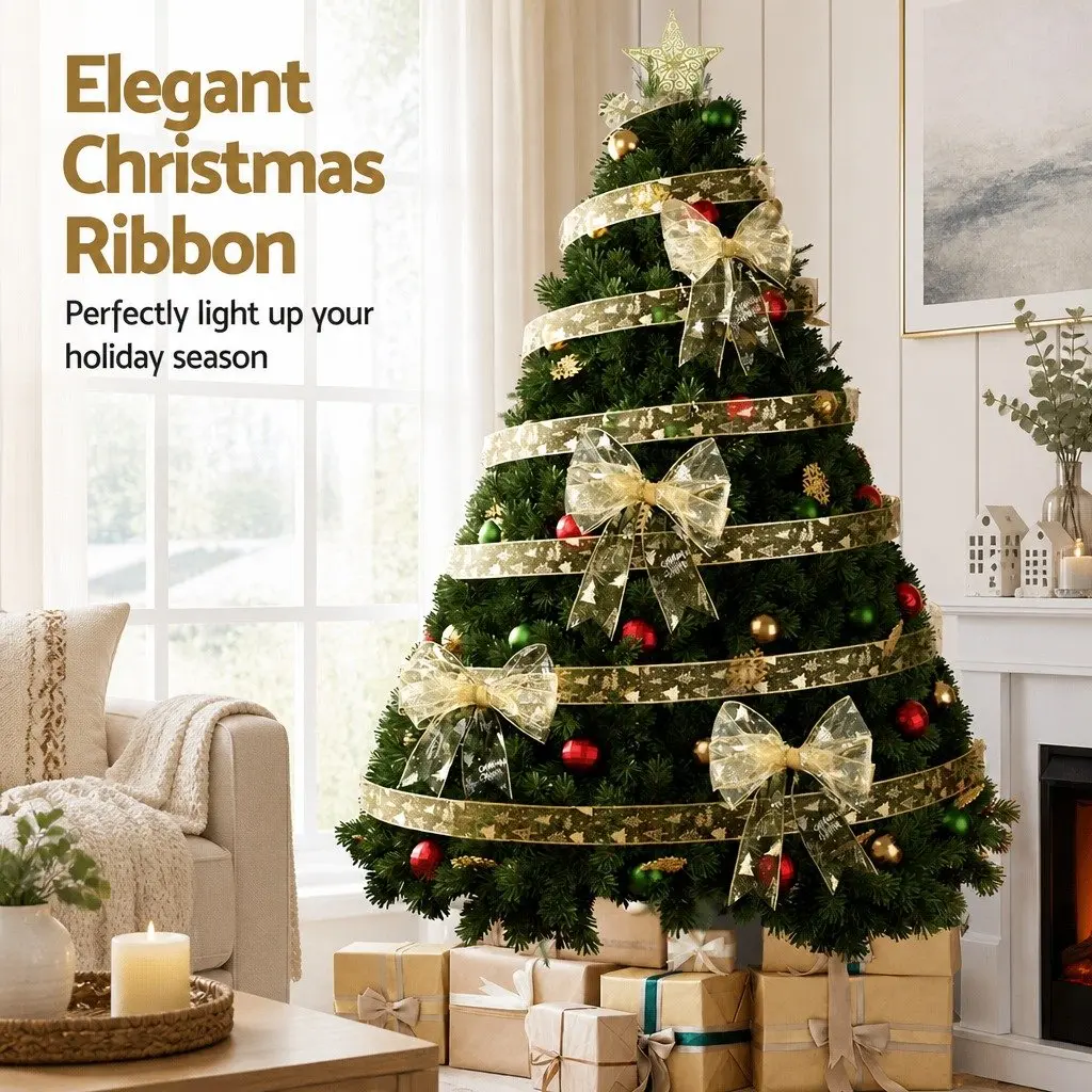 Christmas Tree Ribbon 20M Gold Decorative Roll Nylon Xmas Tree Pattern for Holiday Decor Garland