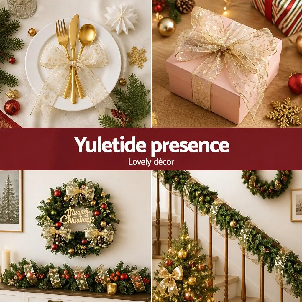 Christmas Tree Ribbon 20M Gold Decorative Roll Nylon Xmas Tree Pattern for Holiday Decor Garland