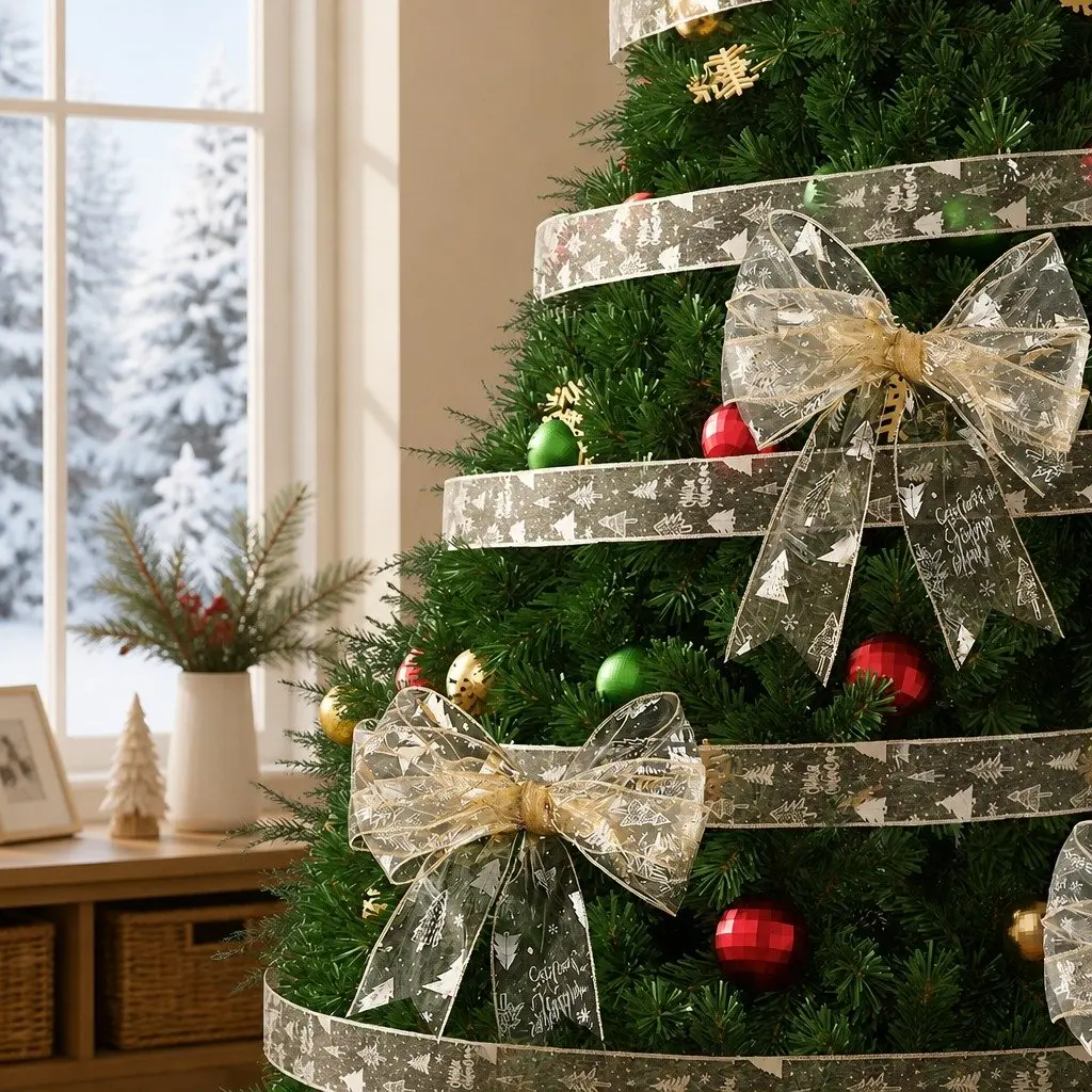 Christmas Tree Ribbon 20M Gold Decorative Roll Nylon Xmas Tree Pattern for Holiday Decor Garland