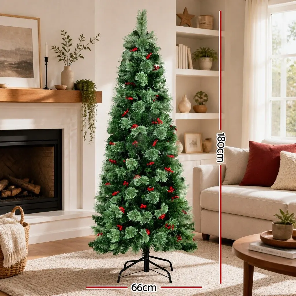 Christmas Tree LED 180cm Pre-Lit Pine Tree with Red Berries for Home Decoration