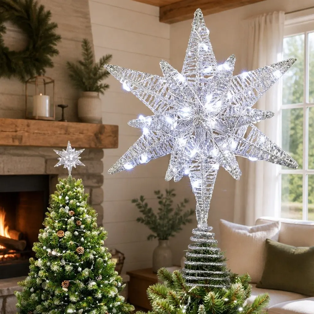3D Christmas Tree Topper Star LED Light Decoration Timer Indoor Outdoor White