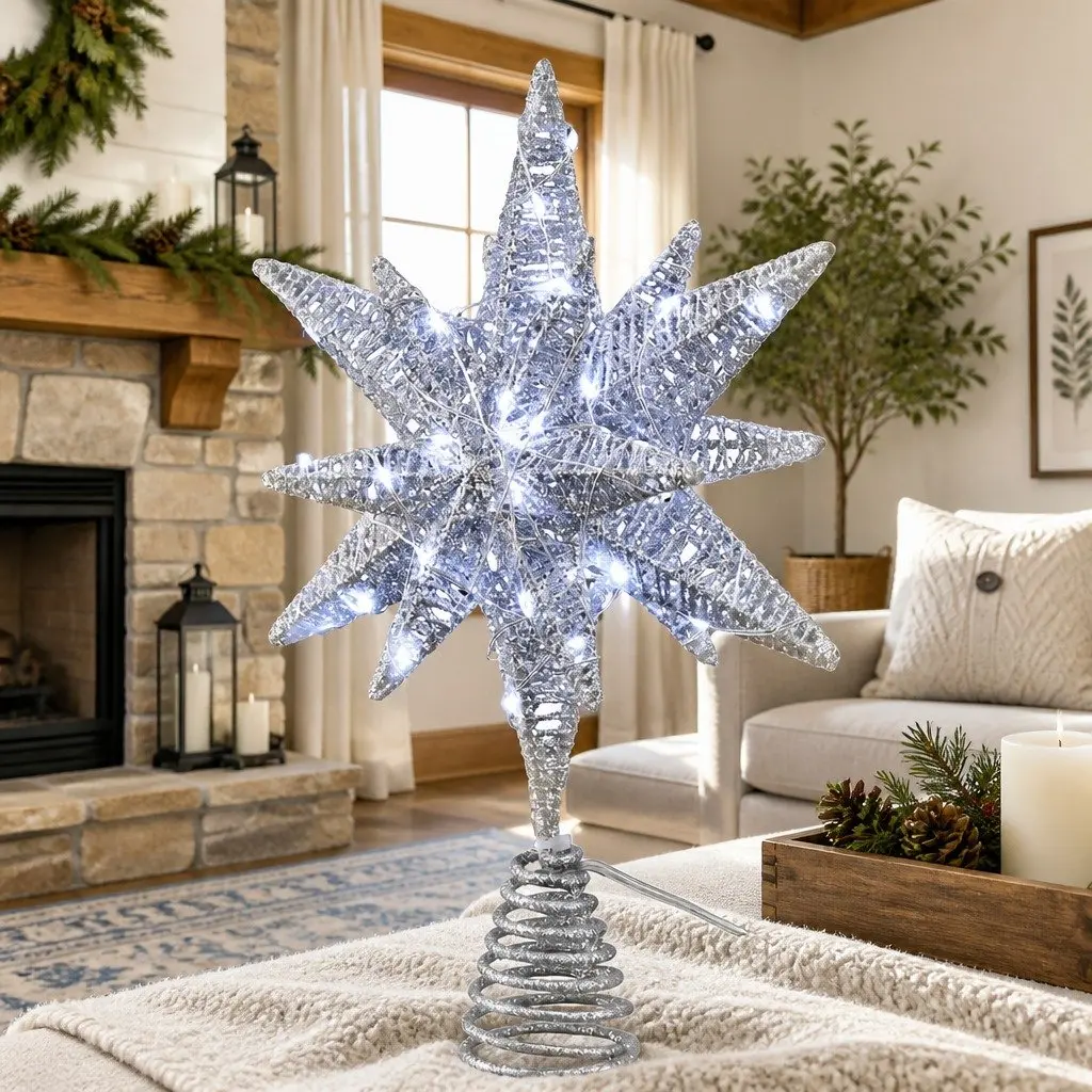 3D Christmas Tree Topper Star LED Light Decoration Timer Indoor Outdoor White