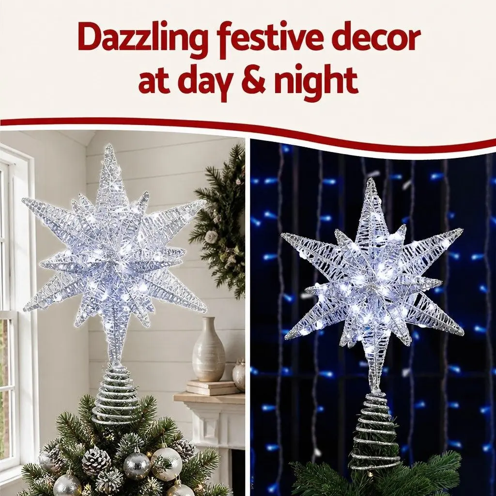 3D Christmas Tree Topper Star LED Light Decoration Timer Indoor Outdoor White
