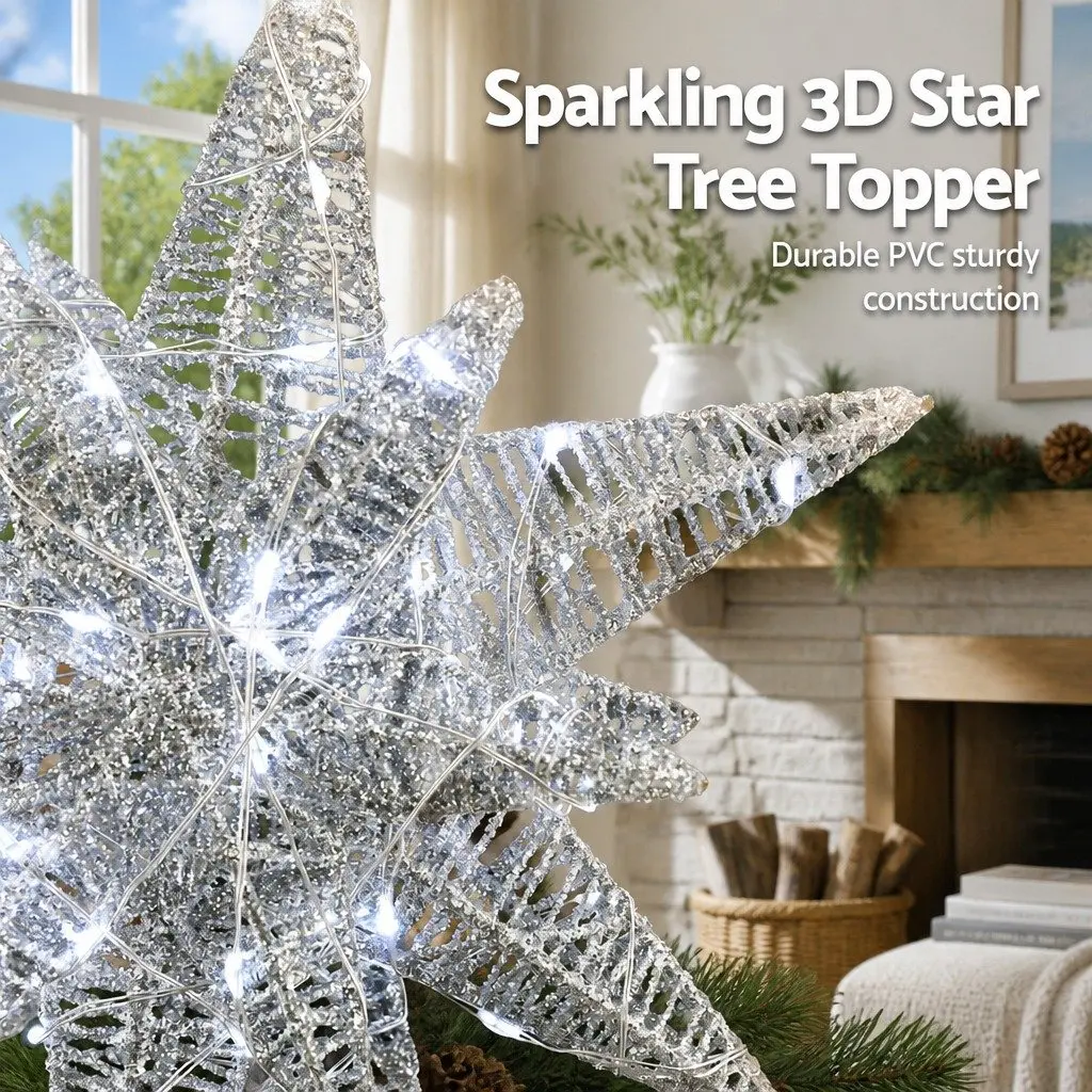 3D Christmas Tree Topper Star LED Light Decoration Timer Indoor Outdoor White