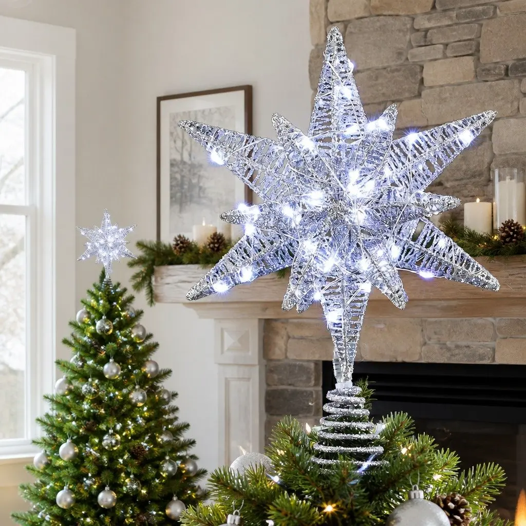 3D Christmas Tree Topper Star LED Light Decoration Timer Indoor Outdoor White