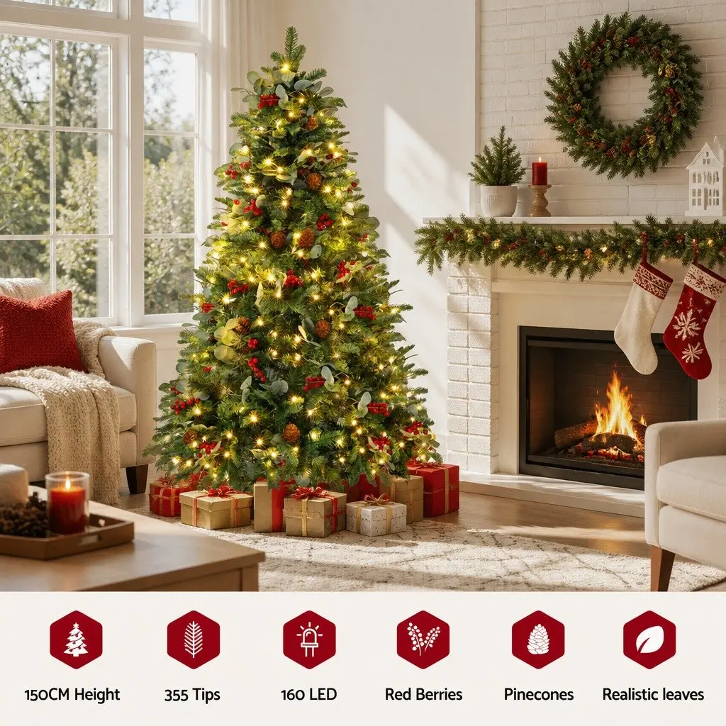 Christmas Tree LED 150cm Green Pre-lit with 355 Tips for Home Office Party Decoration
