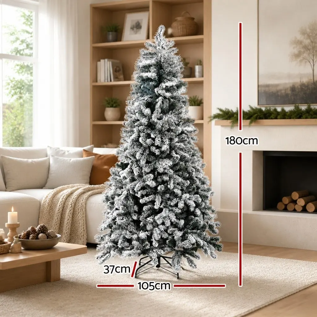 Christmas Tree Snow Flocked Pre-Lit 1.8m Green with Warm White LED Lights 8 Light Modes