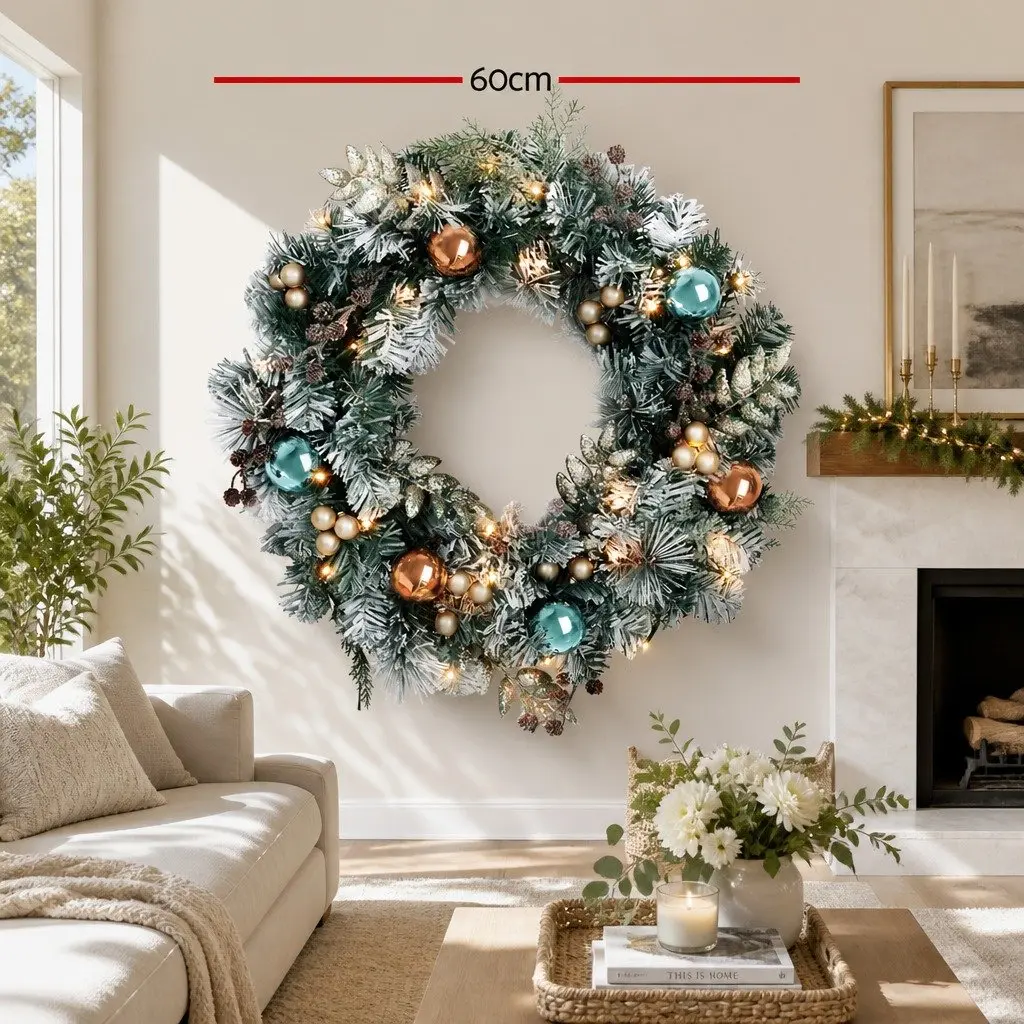 Christmas Wreath Pre-lit 60cm Snowy Foliage with LED Lights