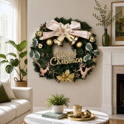 Green Christmas Wreath 60CM Garland with Baubles Reindeer Gold Bow Holiday