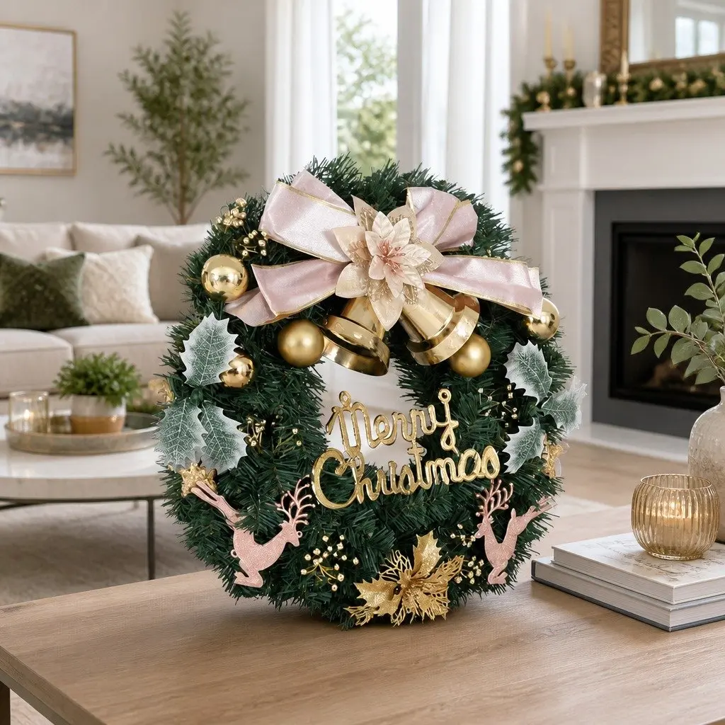 Green Christmas Wreath 60CM Garland with Baubles Reindeer Gold Bow Holiday