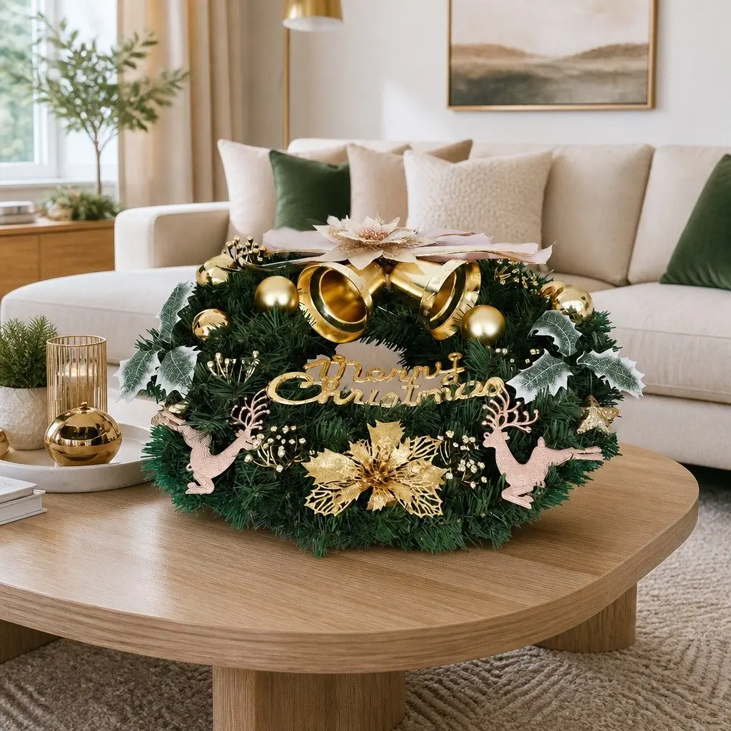 Green Christmas Wreath 60CM Garland with Baubles Reindeer Gold Bow Holiday