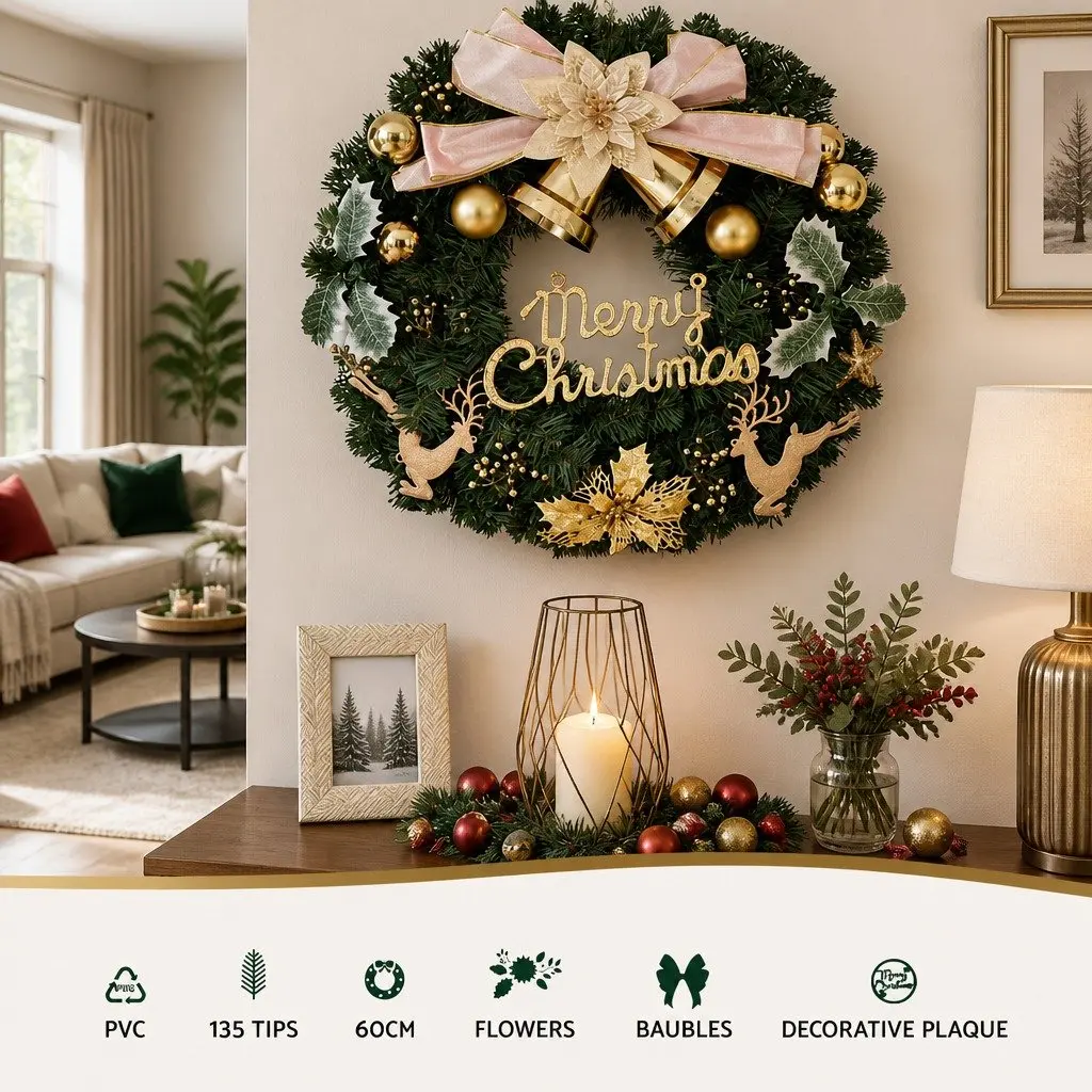 Green Christmas Wreath 60CM Garland with Baubles Reindeer Gold Bow Holiday