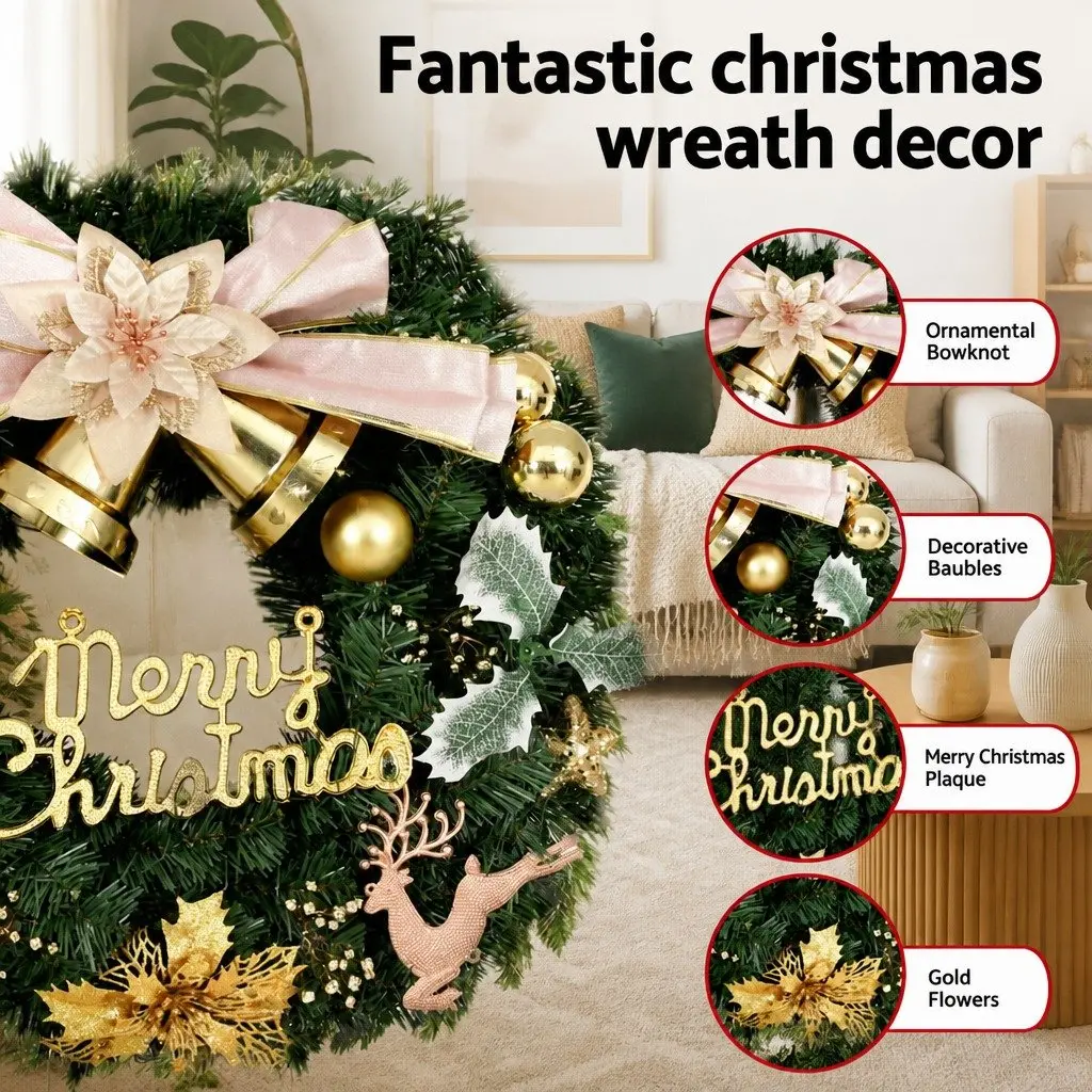 Green Christmas Wreath 60CM Garland with Baubles Reindeer Gold Bow Holiday