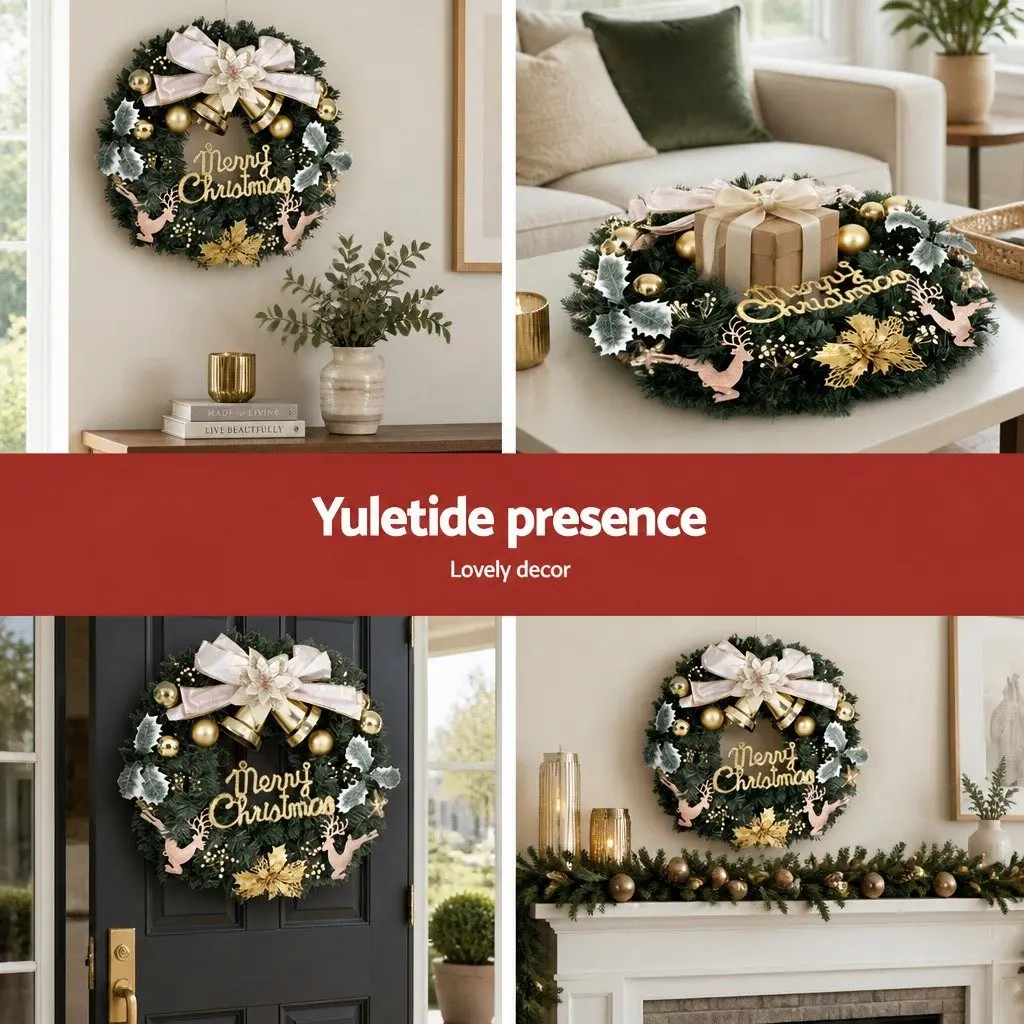 Green Christmas Wreath 60CM Garland with Baubles Reindeer Gold Bow Holiday
