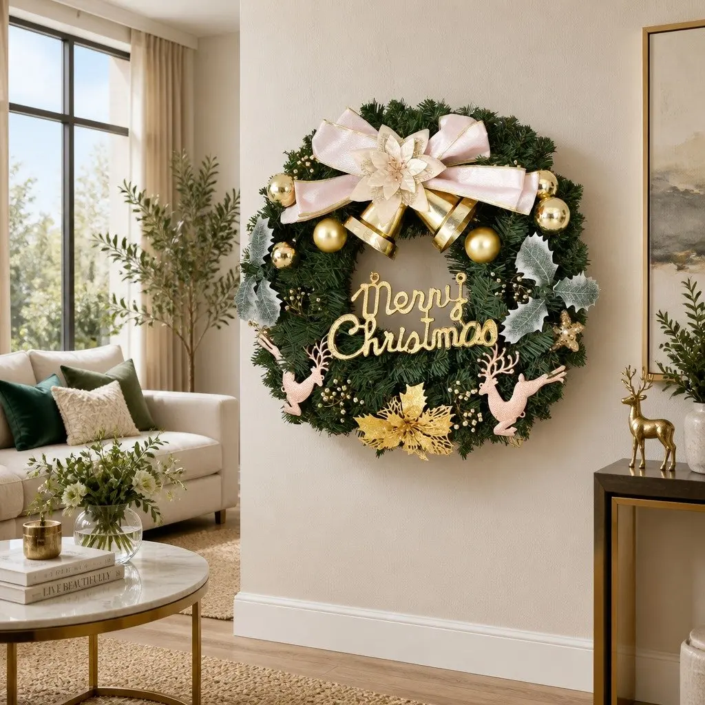 Green Christmas Wreath 60CM Garland with Baubles Reindeer Gold Bow Holiday