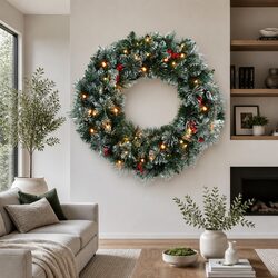 60cm Christmas Wreath with Warm LED Lights Snowy Berries Pine Needles Holiday