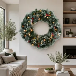 60cm Christmas Wreath with Warm LED Lights Snowy Berries Pine Needles Holiday