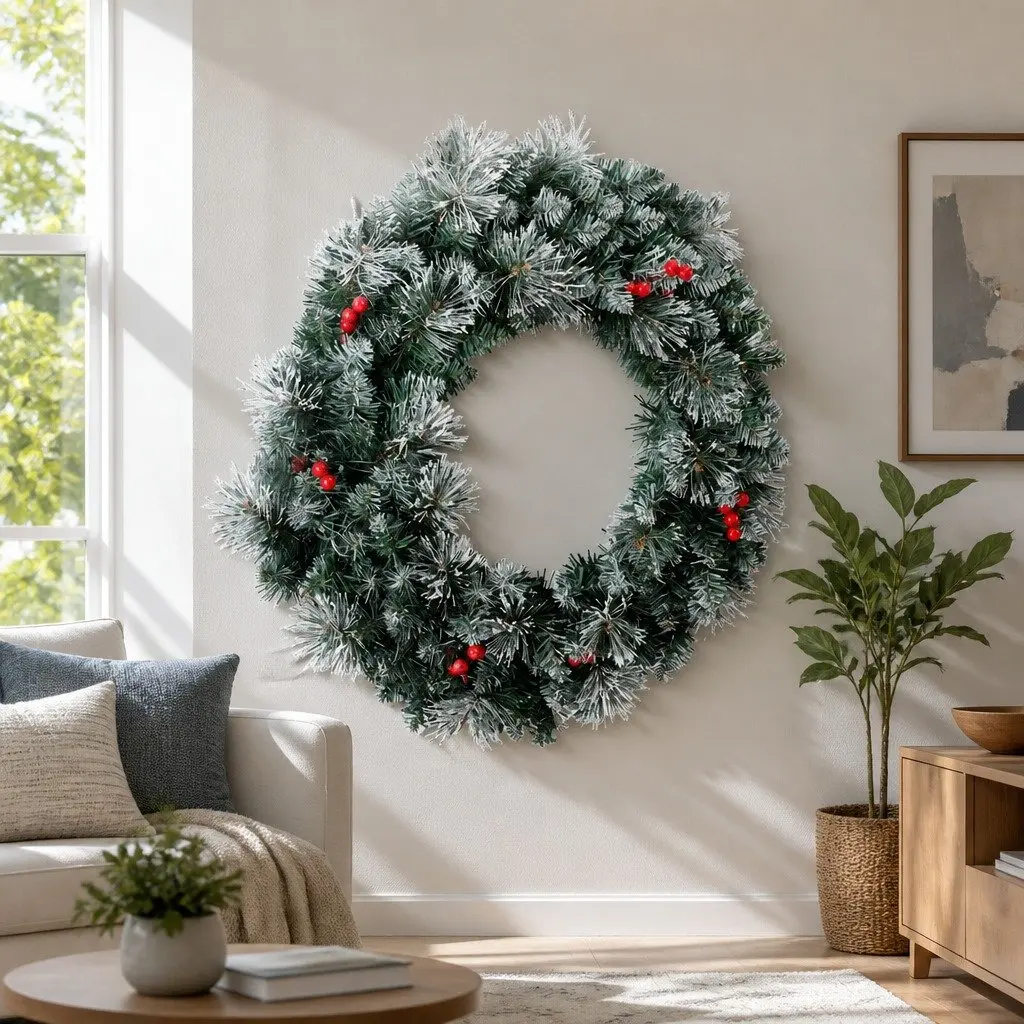 60cm Christmas Wreath with Warm LED Lights Snowy Berries Pine Needles Holiday