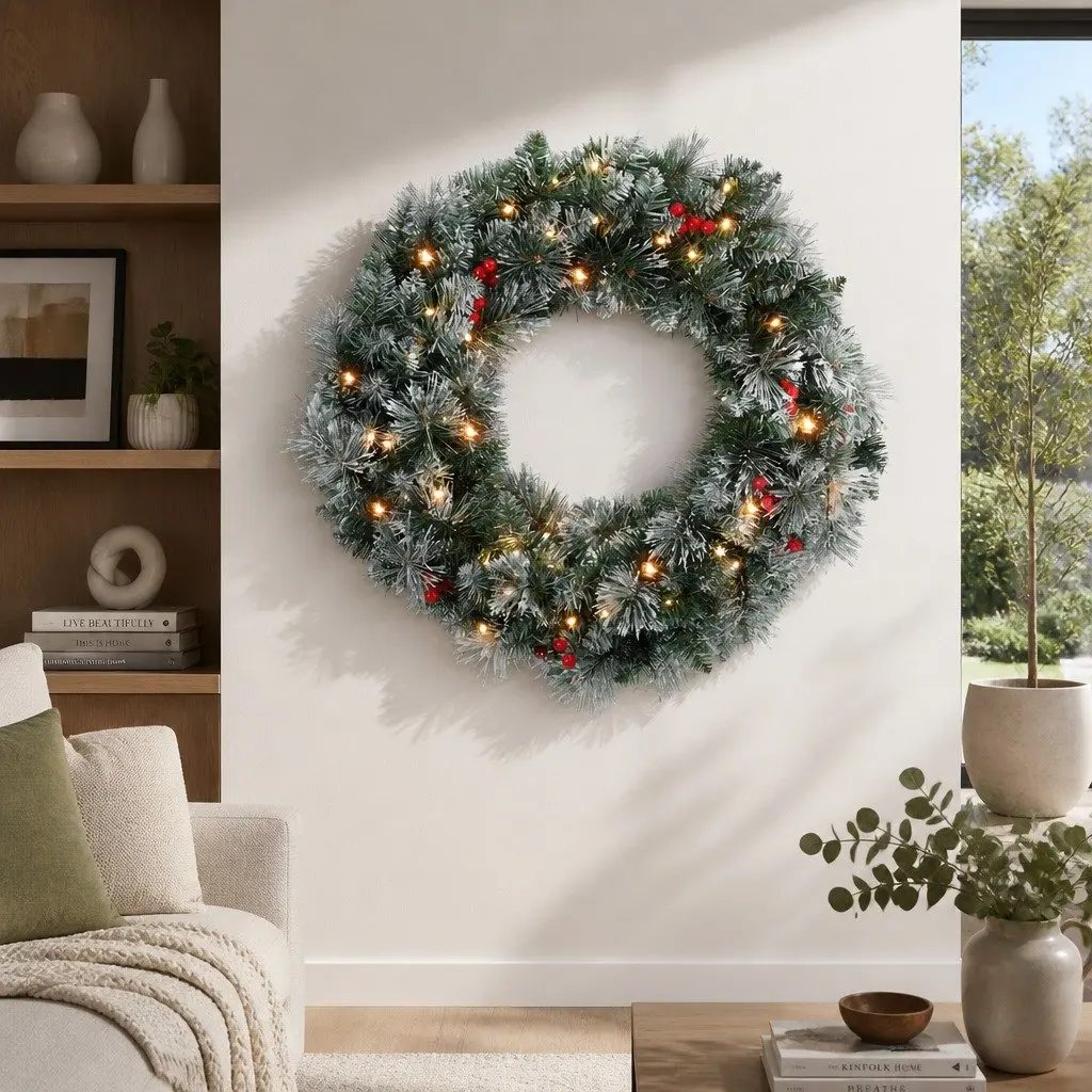 60cm Christmas Wreath with Warm LED Lights Snowy Berries Pine Needles Holiday