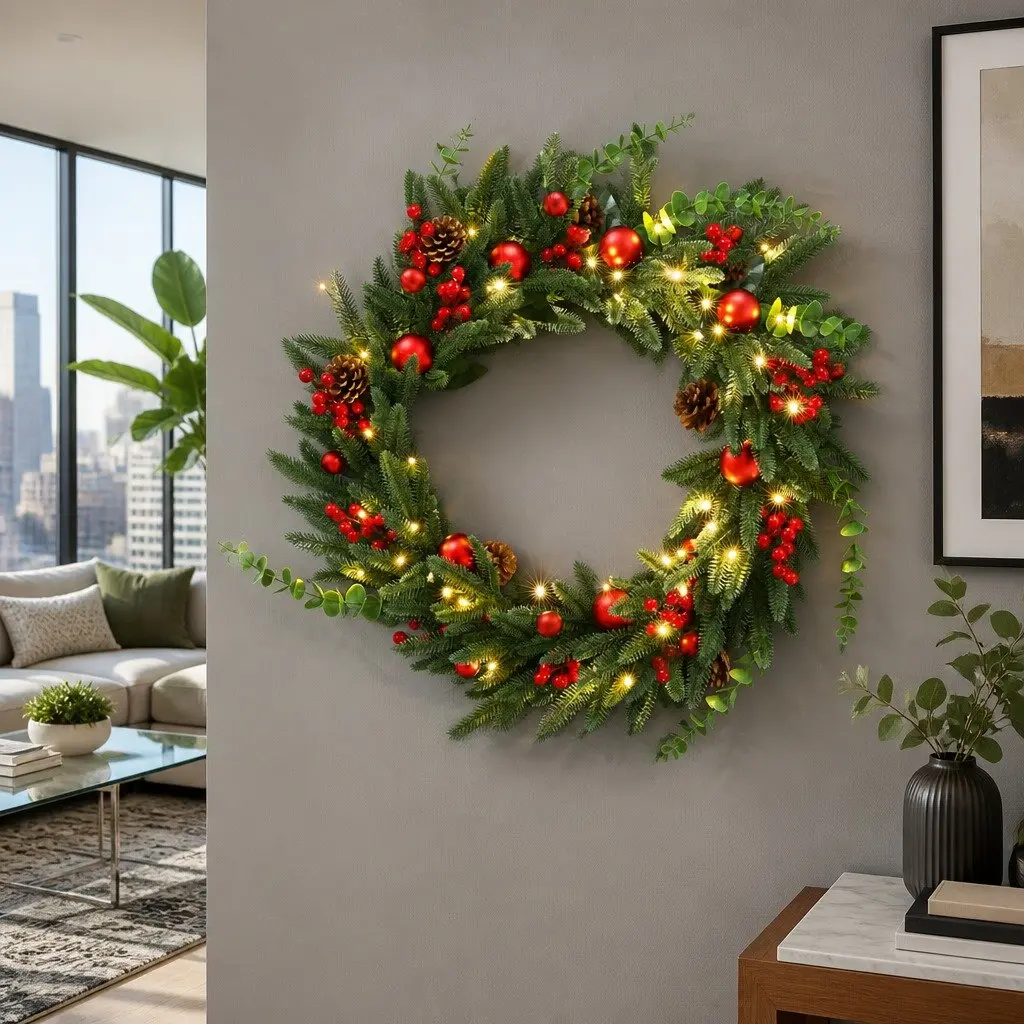 60cm Pre-lit Christmas Wreath with 50 Warm White LED Lights Pine Cones and Red Berries Indoor Outdoor Use