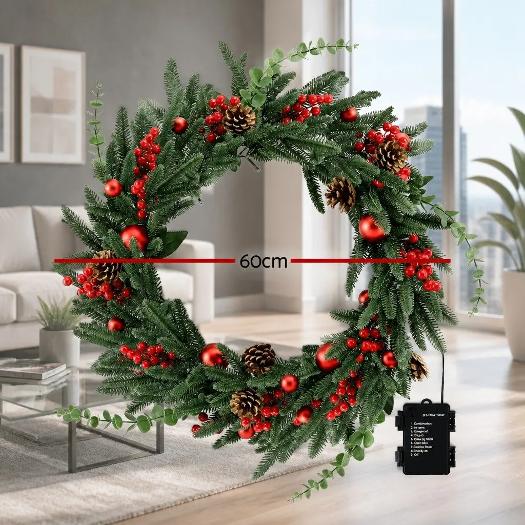 60cm Pre-lit Christmas Wreath with 50 Warm White LED Lights Pine Cones and Red Berries Indoor Outdoor Use