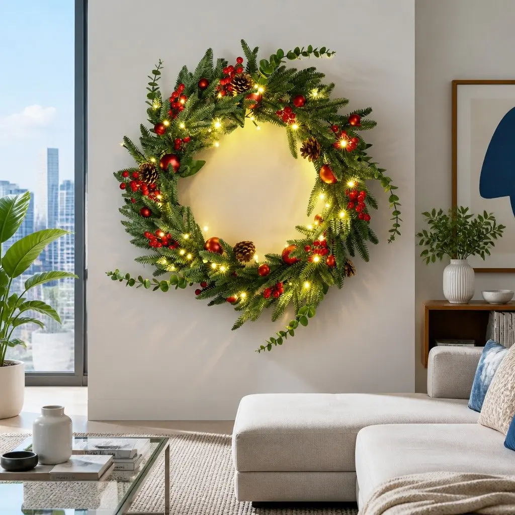 60cm Pre-lit Christmas Wreath with 50 Warm White LED Lights Pine Cones and Red Berries Indoor Outdoor Use