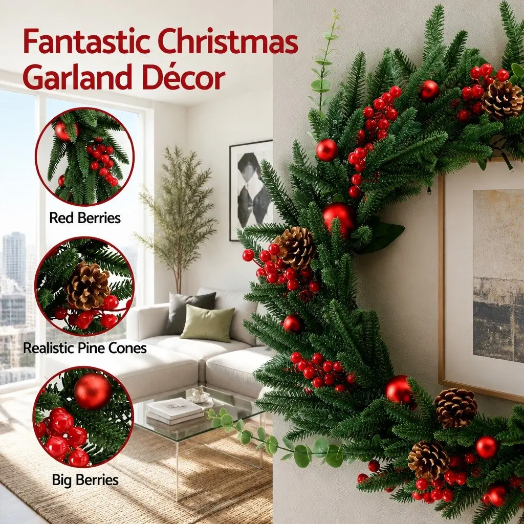 60cm Pre-lit Christmas Wreath with 50 Warm White LED Lights Pine Cones and Red Berries Indoor Outdoor Use