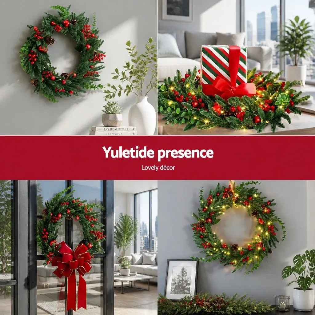 60cm Pre-lit Christmas Wreath with 50 Warm White LED Lights Pine Cones and Red Berries Indoor Outdoor Use