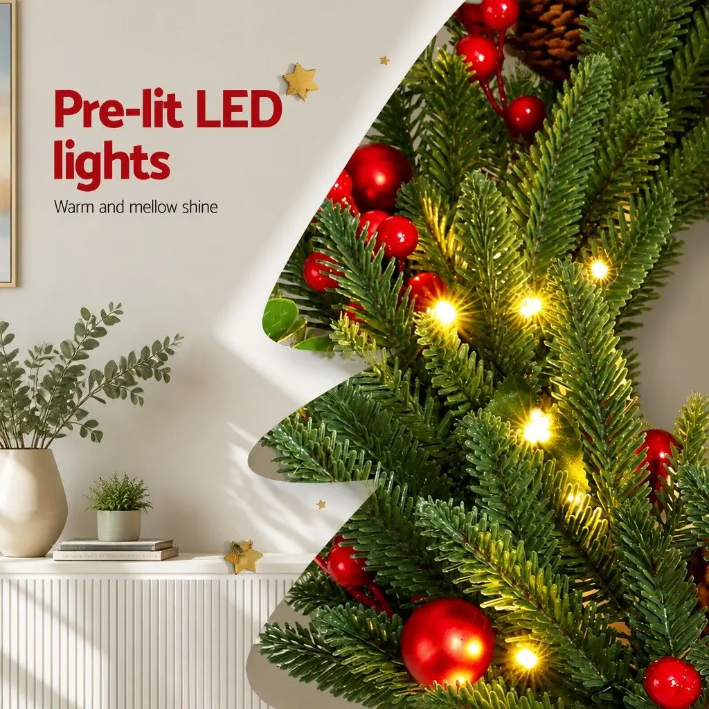 60cm Pre-lit Christmas Wreath with 50 Warm White LED Lights Pine Cones and Red Berries Indoor Outdoor Use
