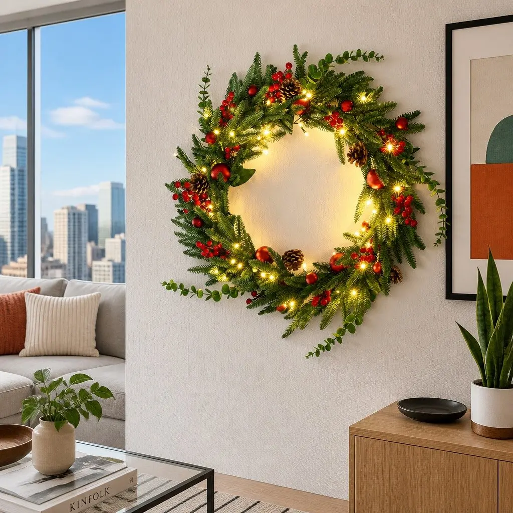 60cm Pre-lit Christmas Wreath with 50 Warm White LED Lights Pine Cones and Red Berries Indoor Outdoor Use