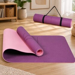 Yoga Mat 6mm Thick Non-Slip Exercise Mat with Body Alignment Lines Purple