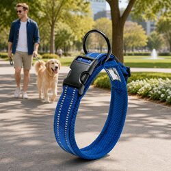 Heavy Duty Reflective Dog Collar Blue 3XL Safety Lock Stainless Steel O Ring
