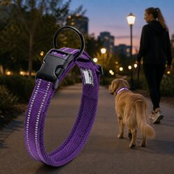 Heavy Duty Reflective Dog Collar XS Purple Safety Lock Clip Buckle Stainless