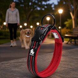 Heavy Duty Reflective Dog Collar with Safety Lock Clip, Night Visibility, Red
