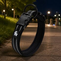 Heavy Duty Reflective Dog Collar with Safety Lock Clip and Stainless Steel Ring