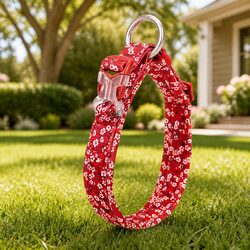Floral Padded Dog Collar XS Red Cute Pet Accessory with Snap Buckle O Ring Leash